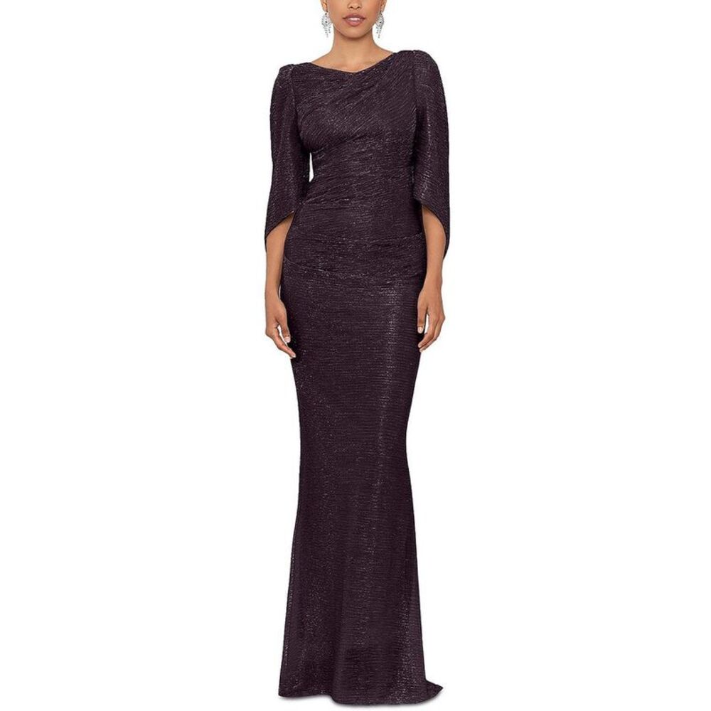 Betsy & Adam Womens Purple Metallic Cape Sleeve Formal Evening Dress Gown NWT